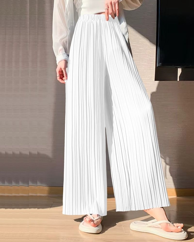 Soft White Flowy Pleated Palazzo Trousers