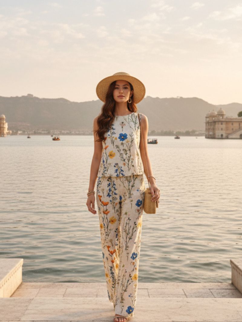 Bloomscape sleeveless floral printed rayon co-ord set for women front view