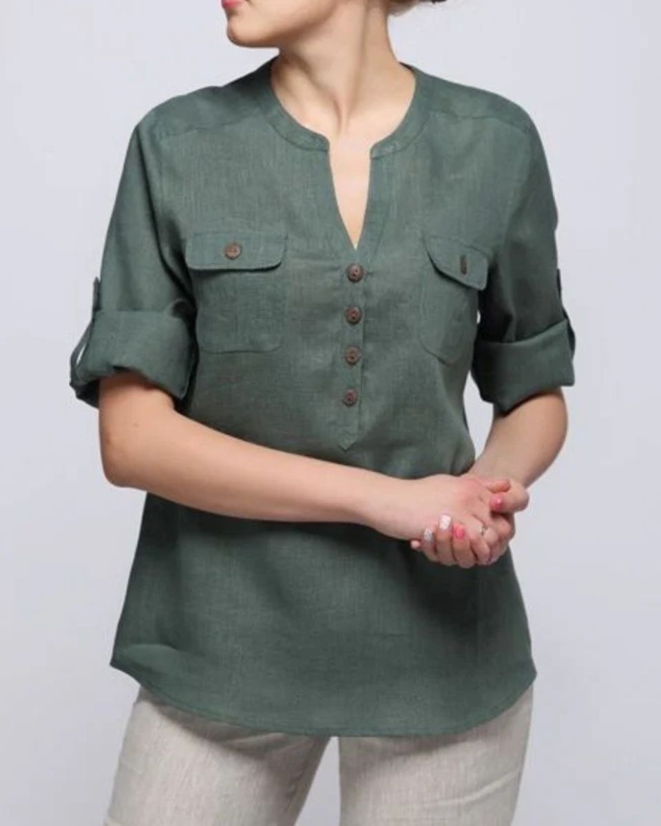 Olive Green Cotton Roll-Tab Henley