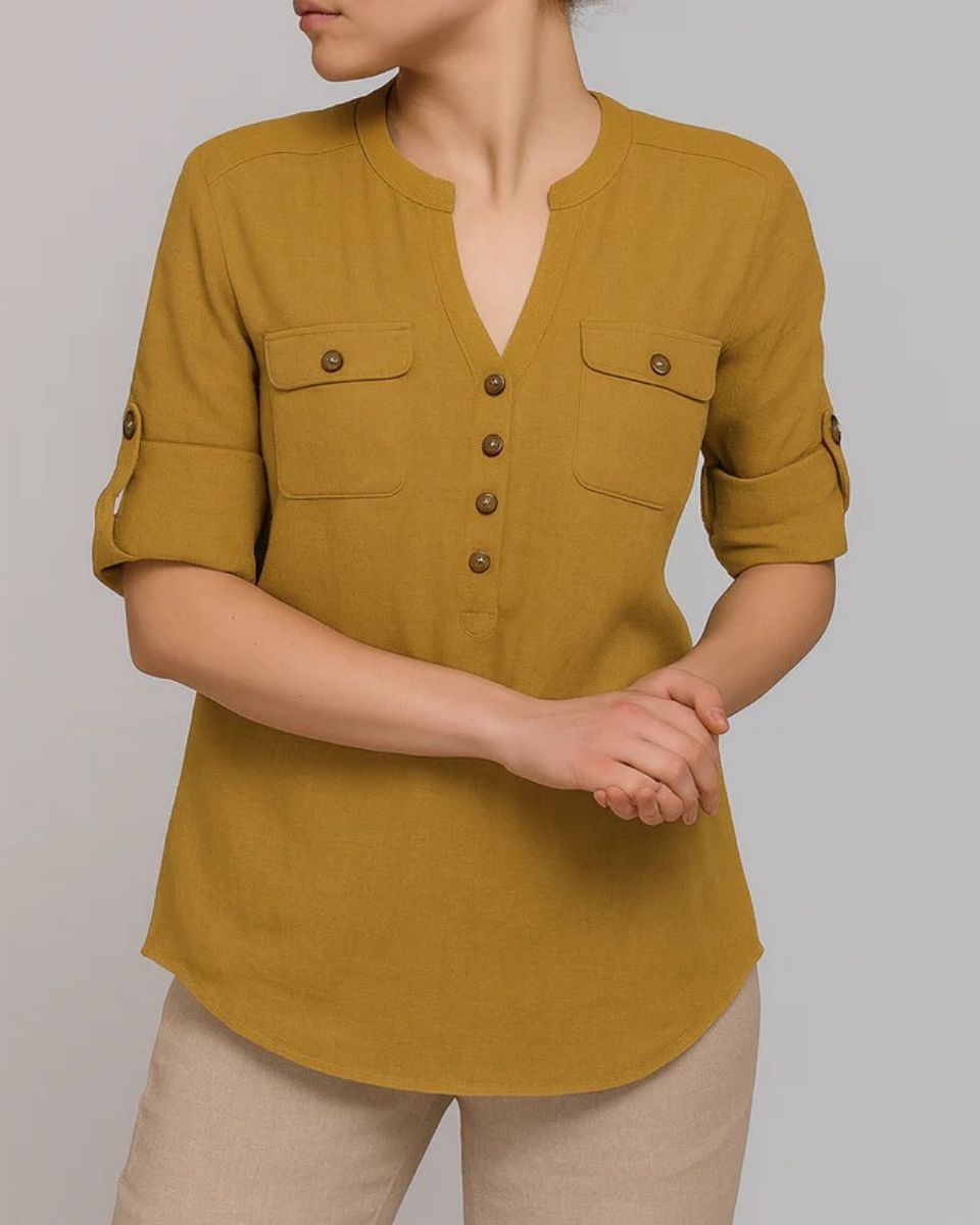 Mustard Cotton Roll-Tab Henley Top