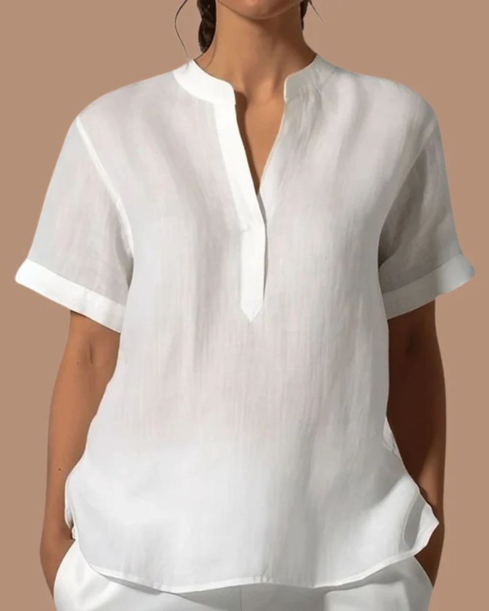 White Cotton Everyday Split-Neck Top