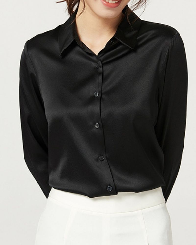 Polished Black Satin Blouse Shirt