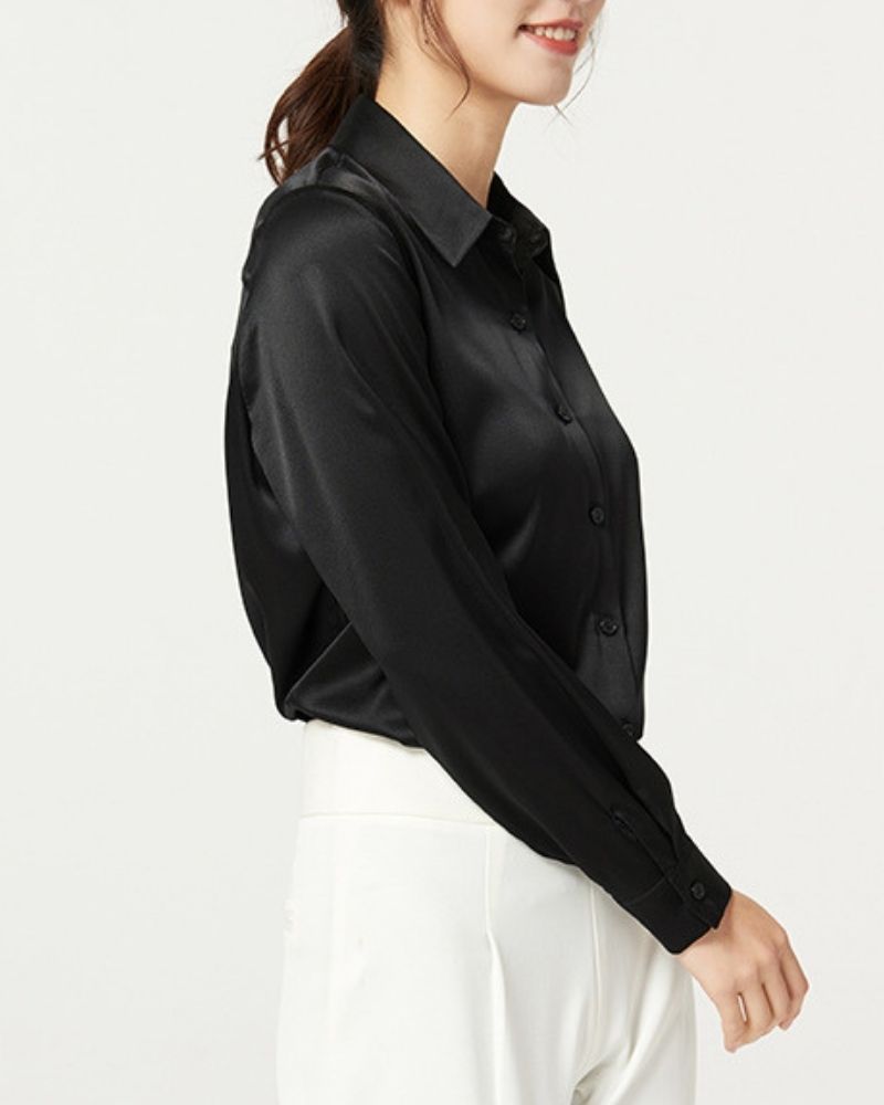 Polished Black Satin Blouse Shirt