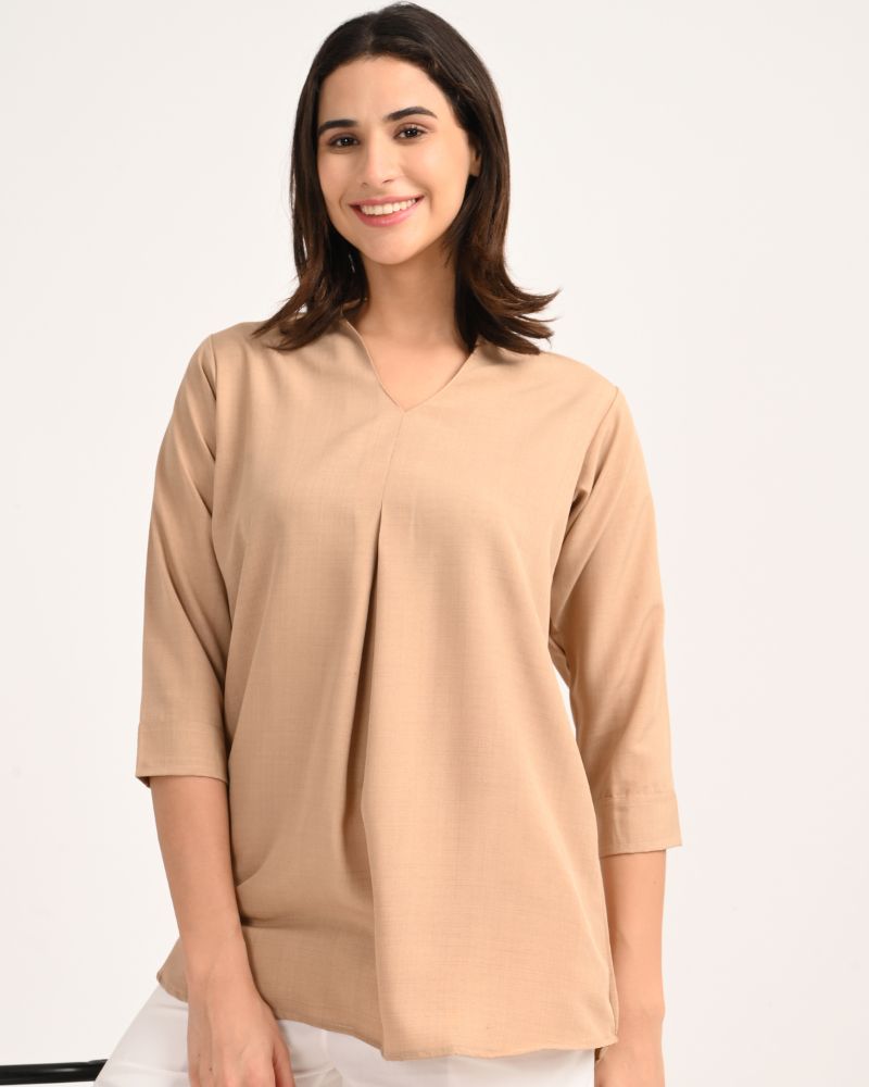 Relaxed Beige V-Neck Viscose Top