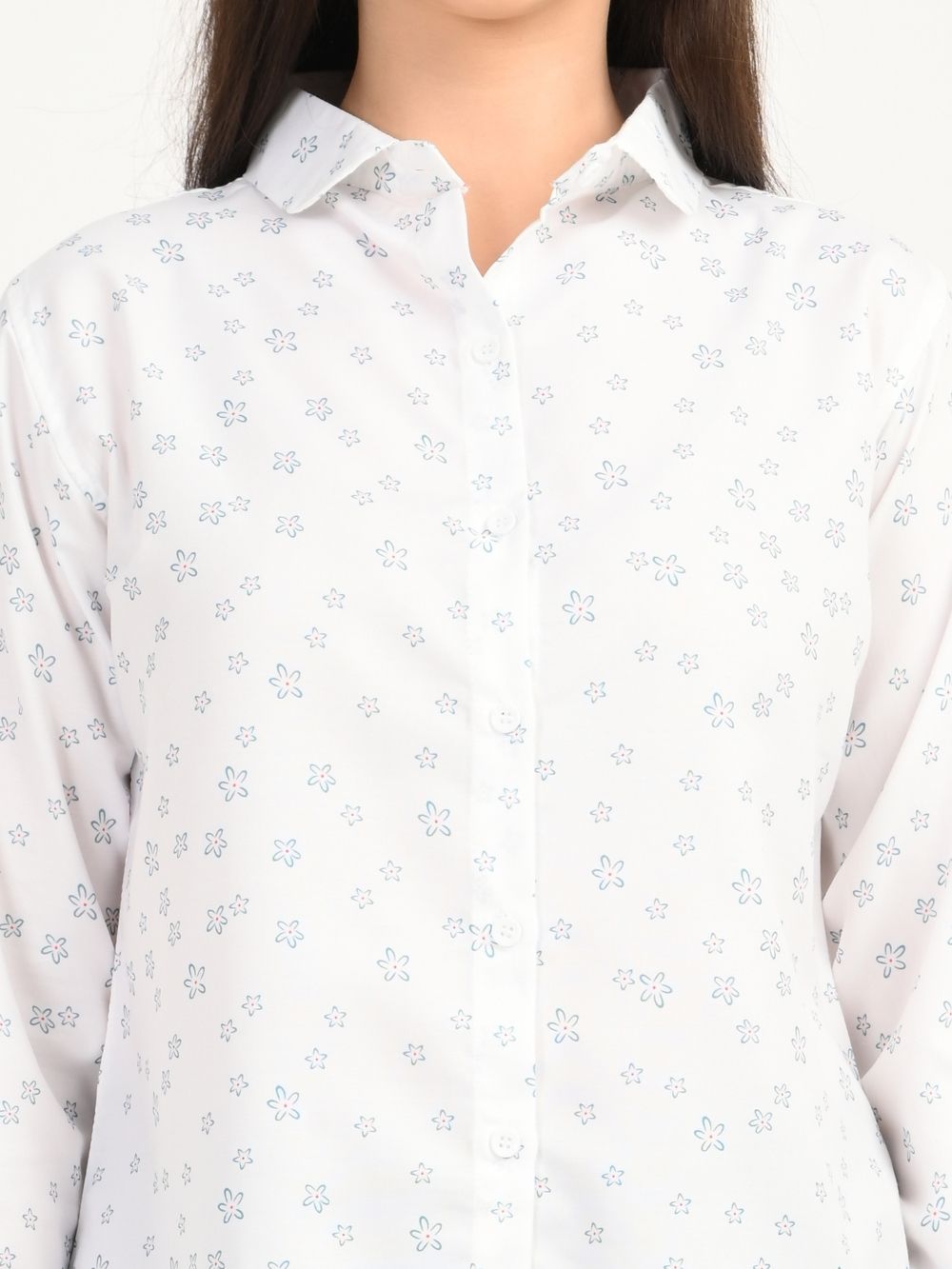 Close-up of Petal Charm shirt collar and button details