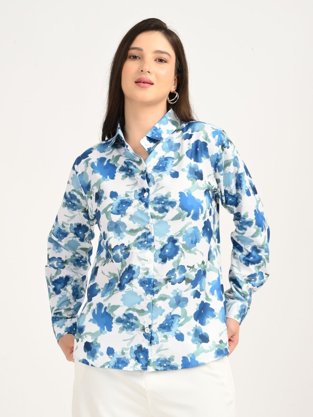 Front view of blue floral print shirt