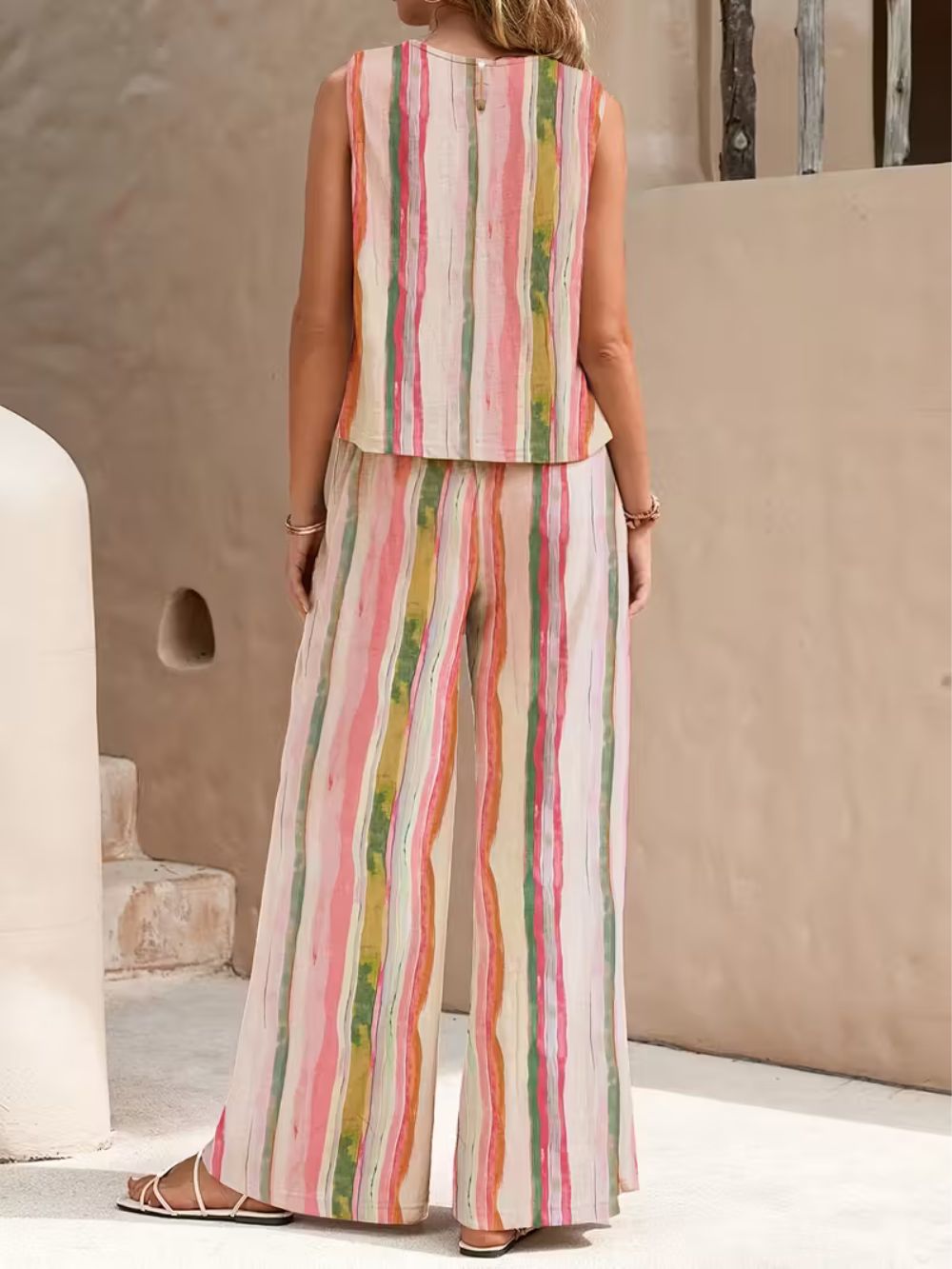 Lightweight sleeveless blouse and matching wide-leg trousers in stripes