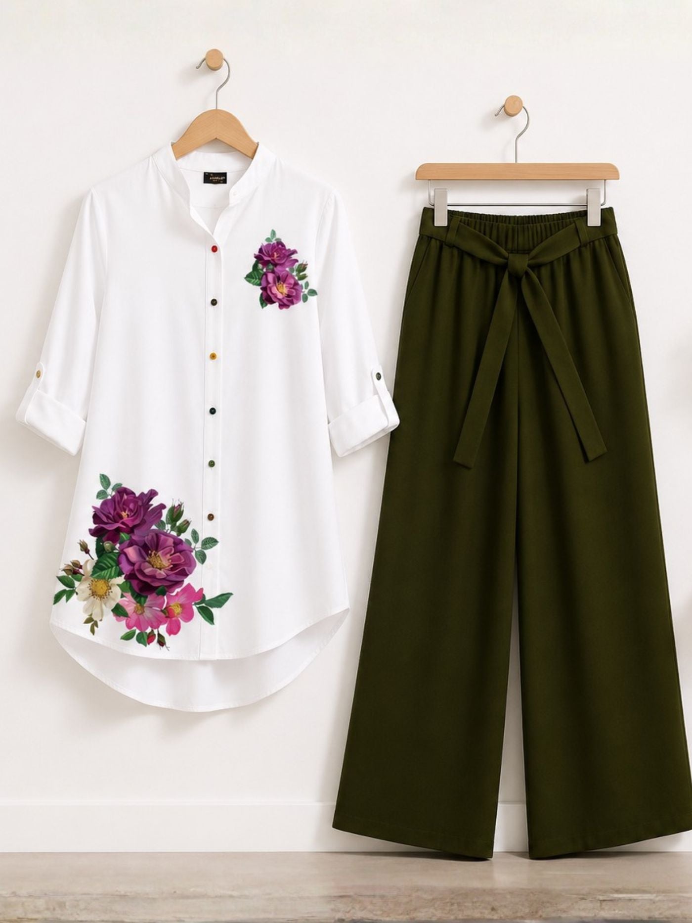 Olive Magenta Floral Co-Ord Set for women with white printed top and olive palazzo