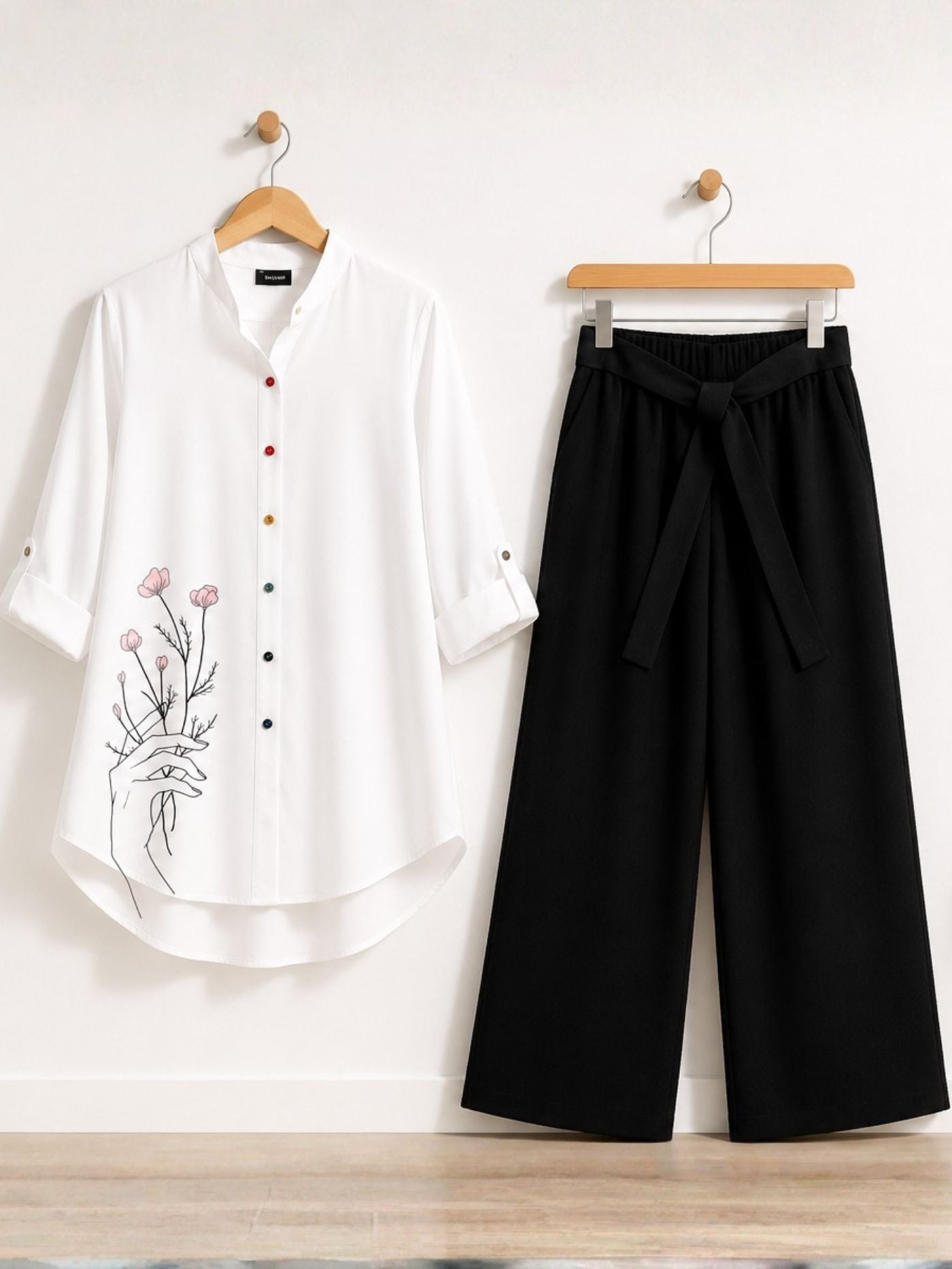 Black Floral Line Art Co-Ord Set for women with white printed top and black palazzo