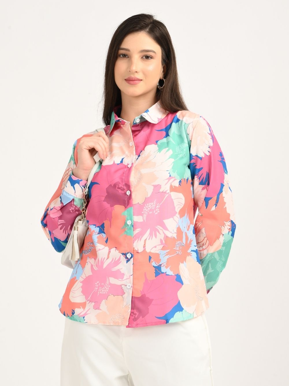 Model in floral rayon shirt