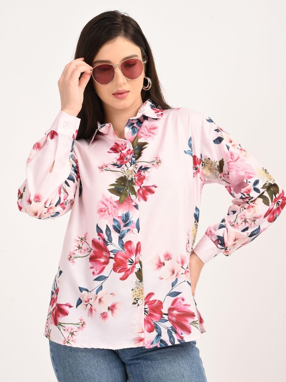 Pink floral shirt with sunglasses