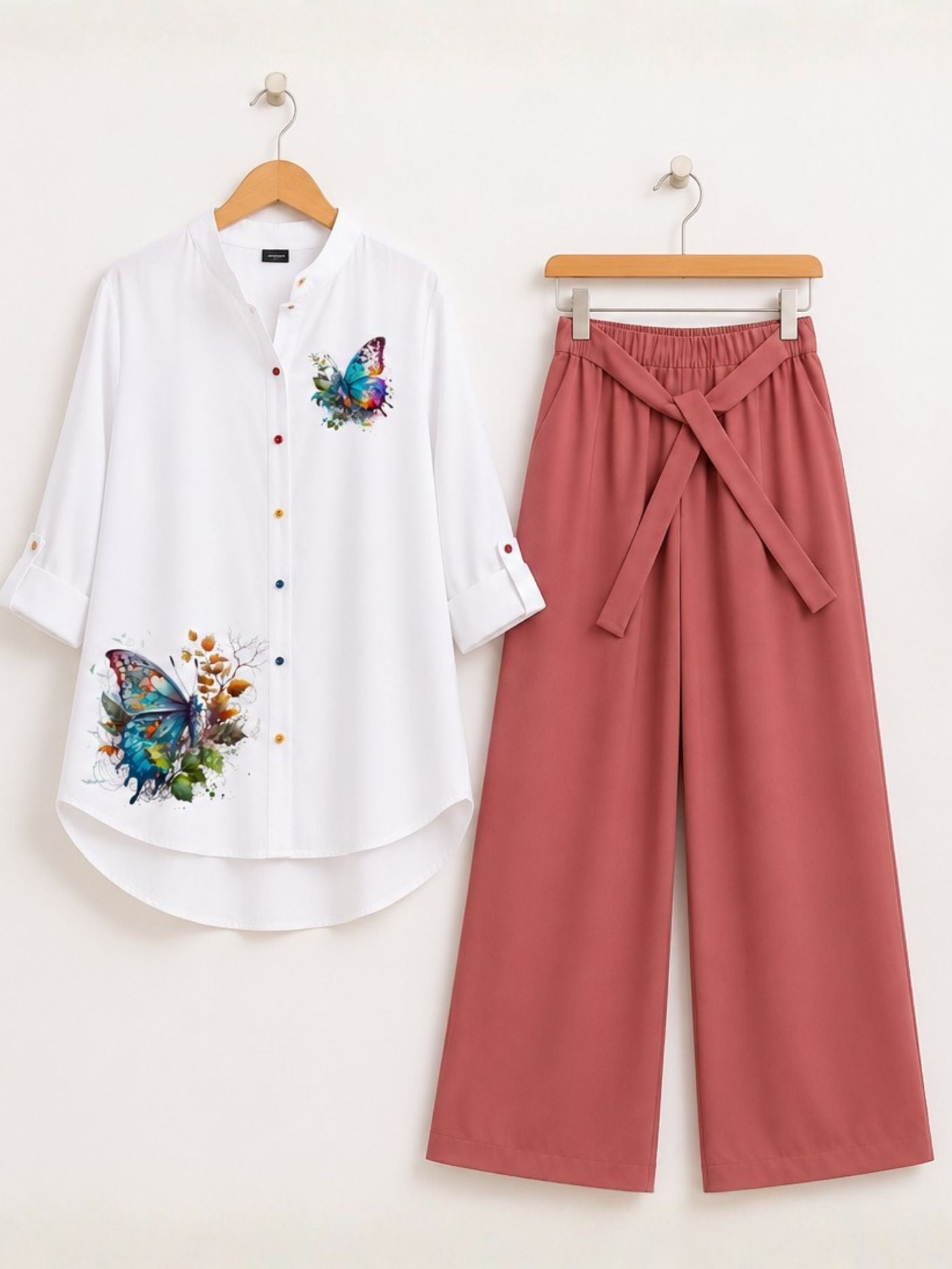 White Butterfly Print Top with Dusty Rose Palazzo