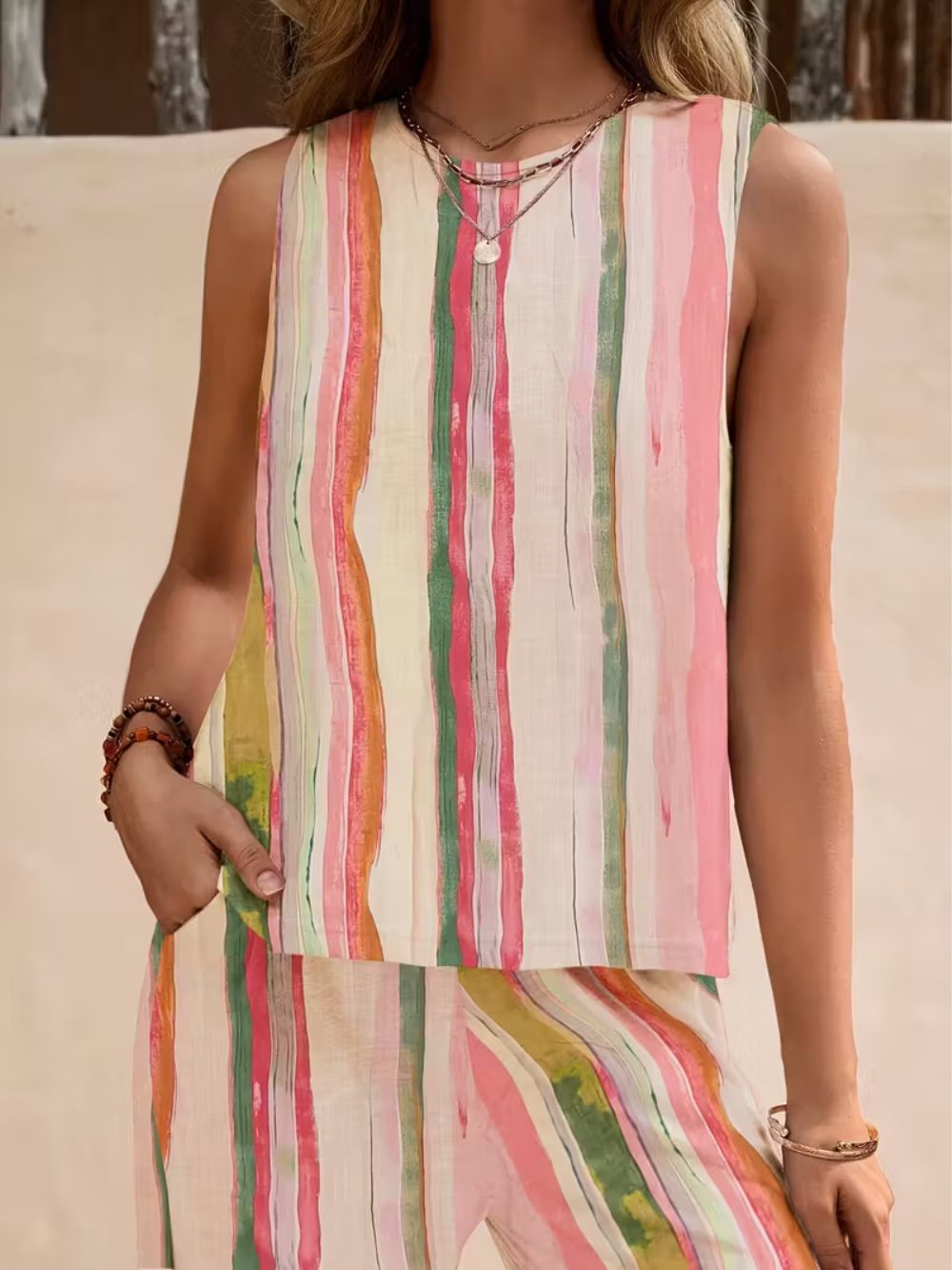 Trendy striped matching outfit for women, perfect for vacation and resort wear