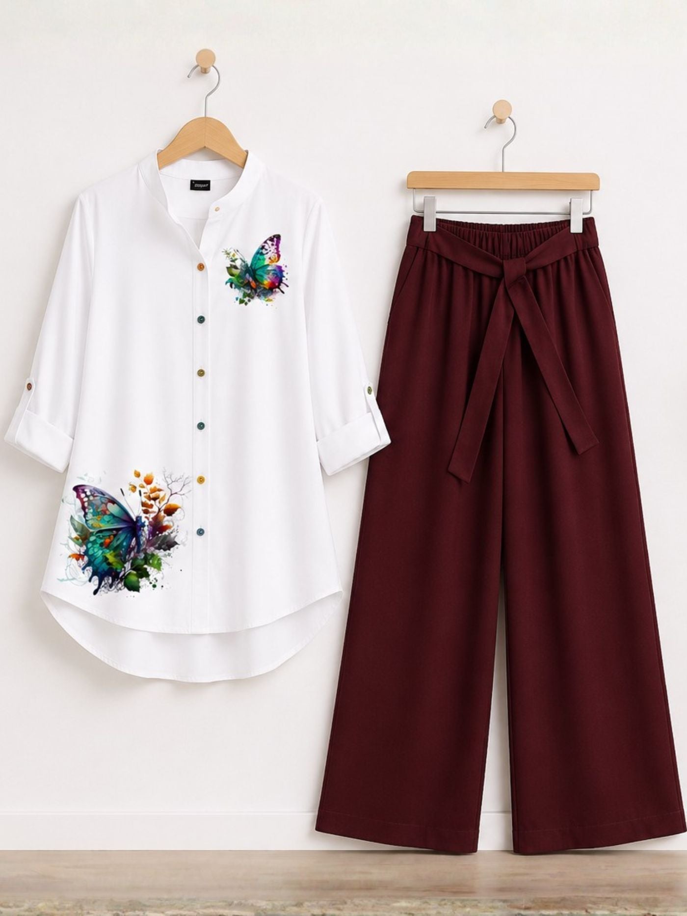 Women’s white butterfly print top with maroon wide leg palazzo set