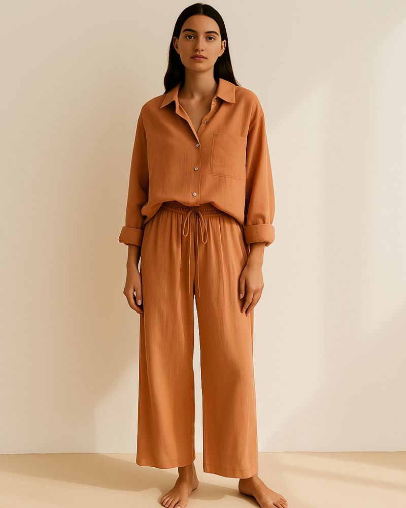 Woman wearing terracotta muslin lounge set with button-down shirt and drawstring trousers