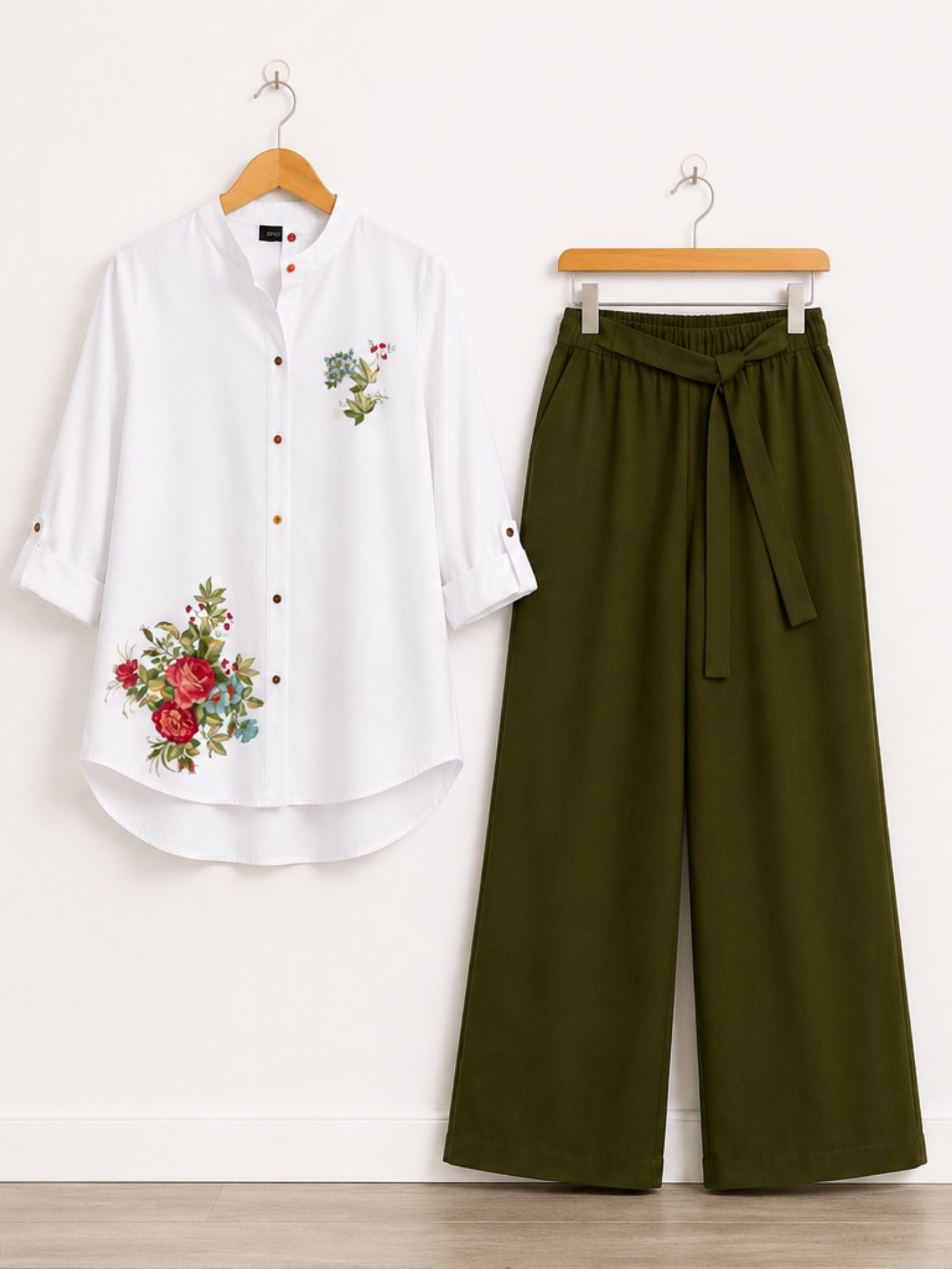 Floral White Tunic with Olive Palazzo