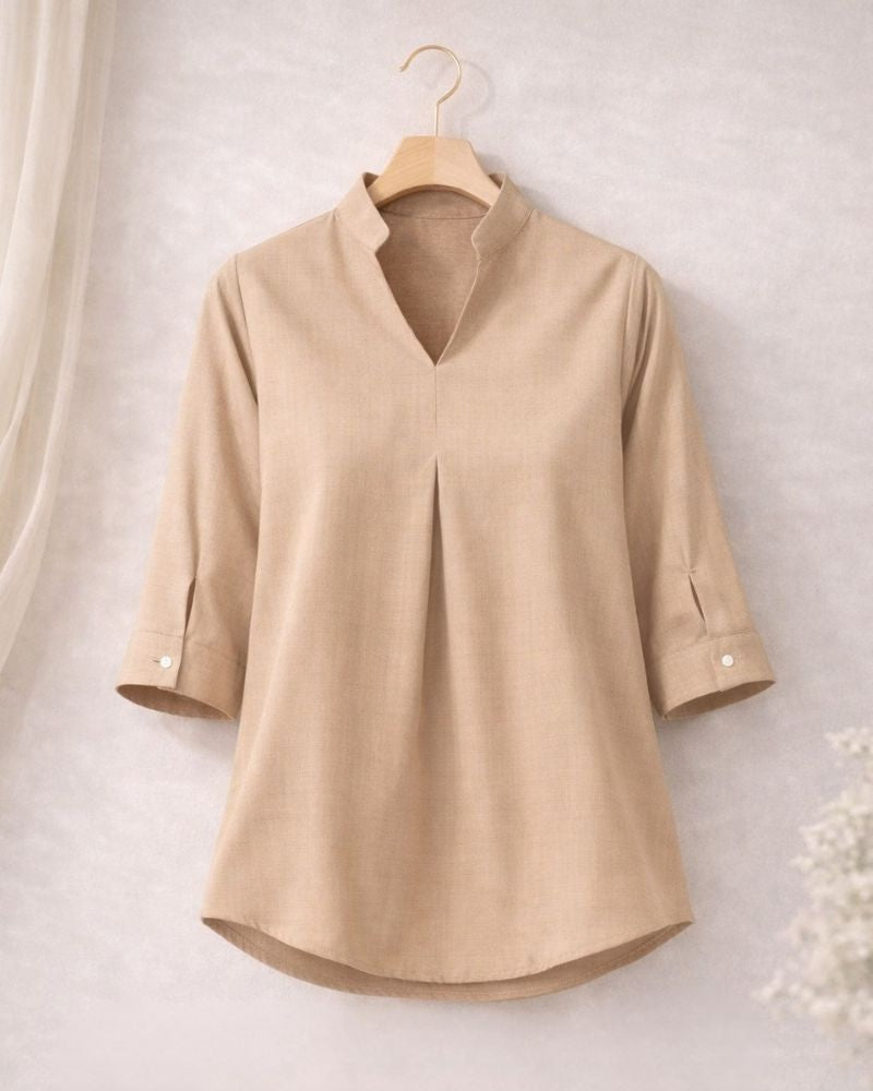 Relaxed Beige V-Neck Viscose Top