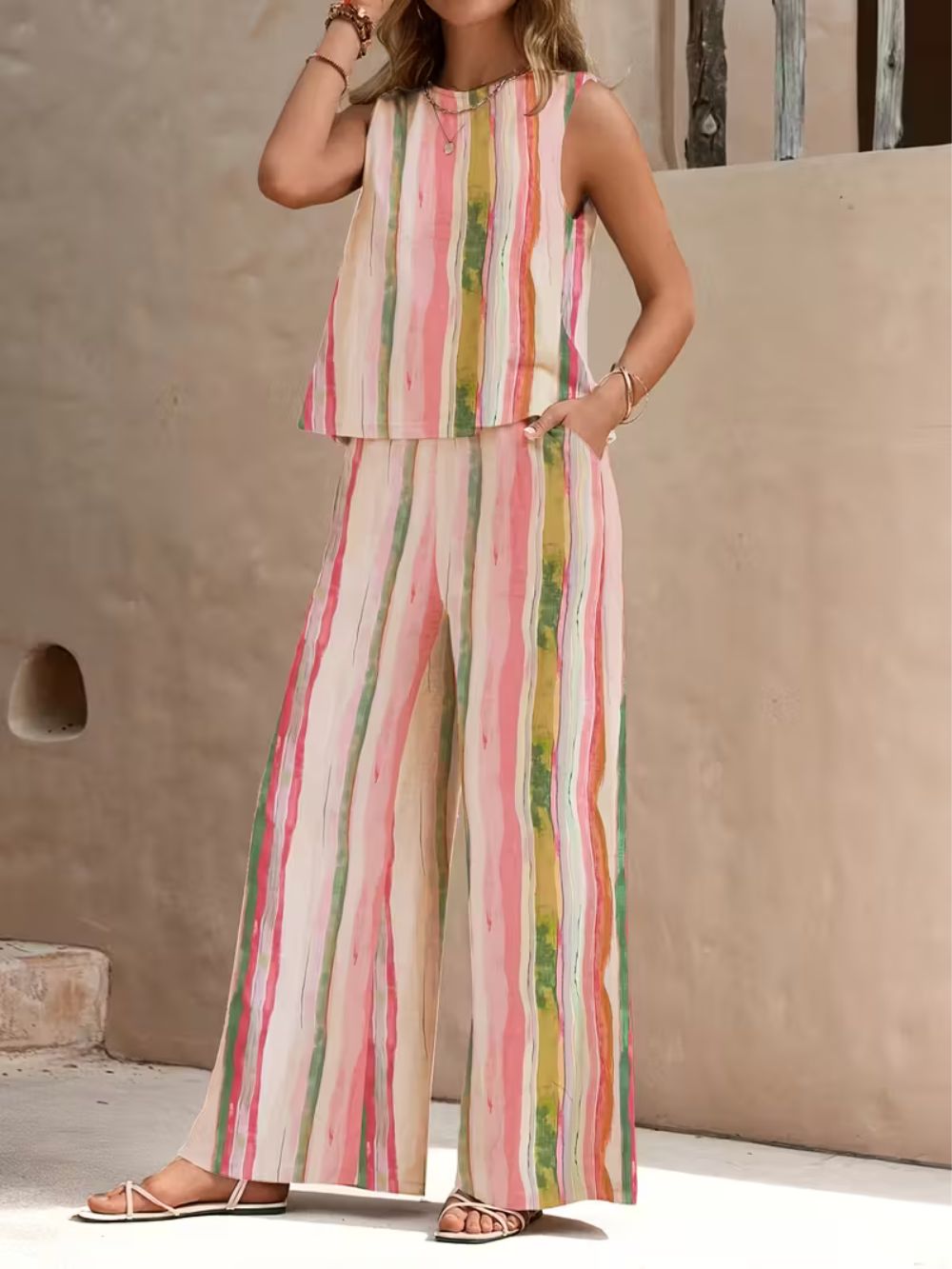 Women’s striped two-piece set with sleeveless top and wide-leg pants
