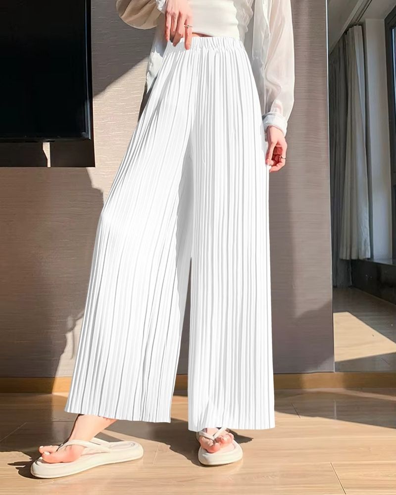 Soft White Flowy Pleated Palazzo Trousers