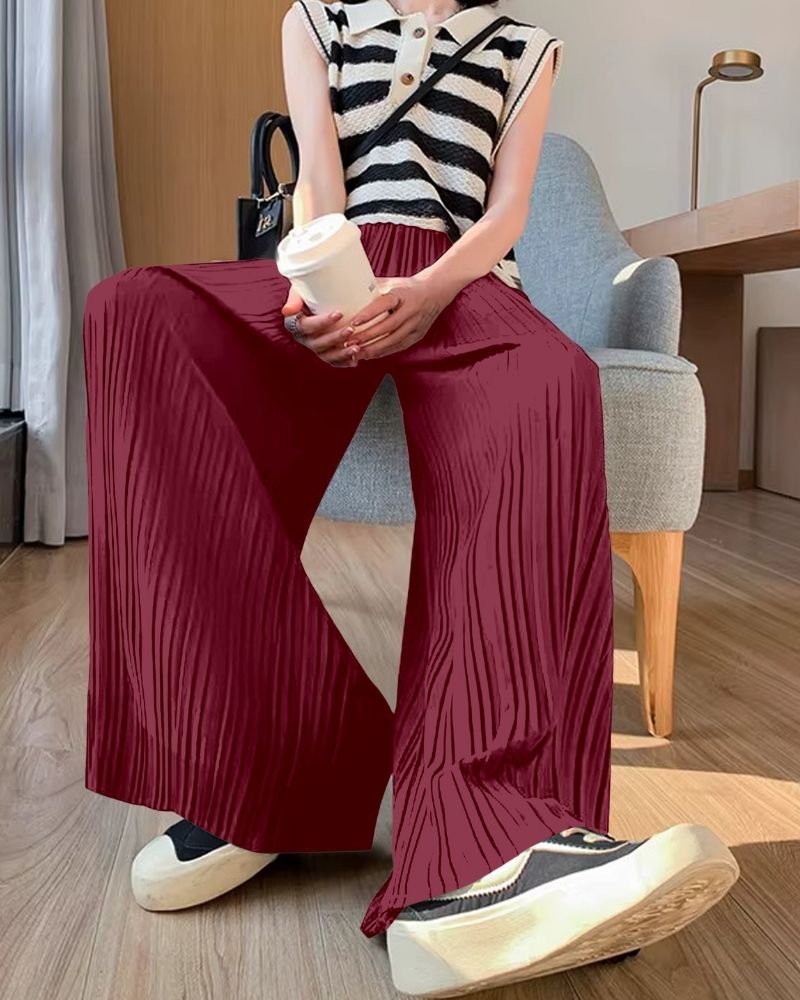 Burgundy Flowy Pleated Palazzo Trousers