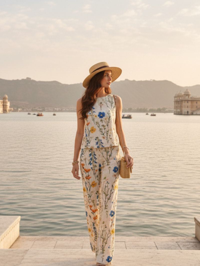 Bloomscape sleeveless floral rayon co-ord set styled for summer casual wear