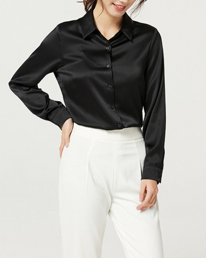 Polished Black Satin Blouse Shirt