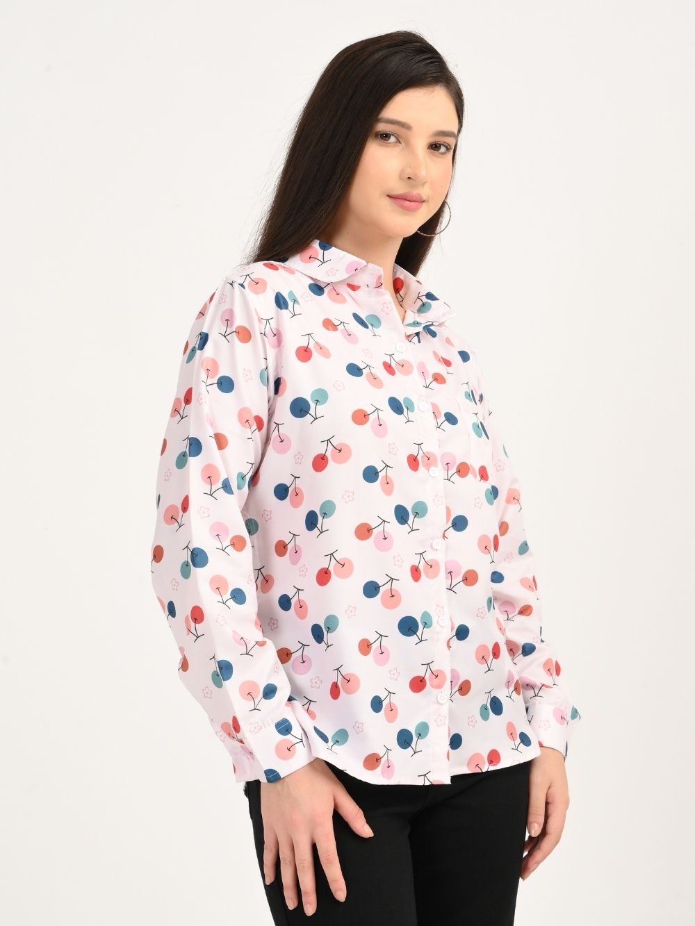 Angled front view of Cherry Bloom multicolor cherry print shirt