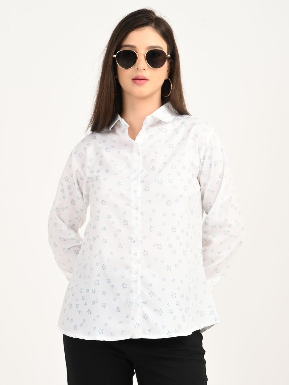 Angled front view of Petal Charm blue blossom white shirt