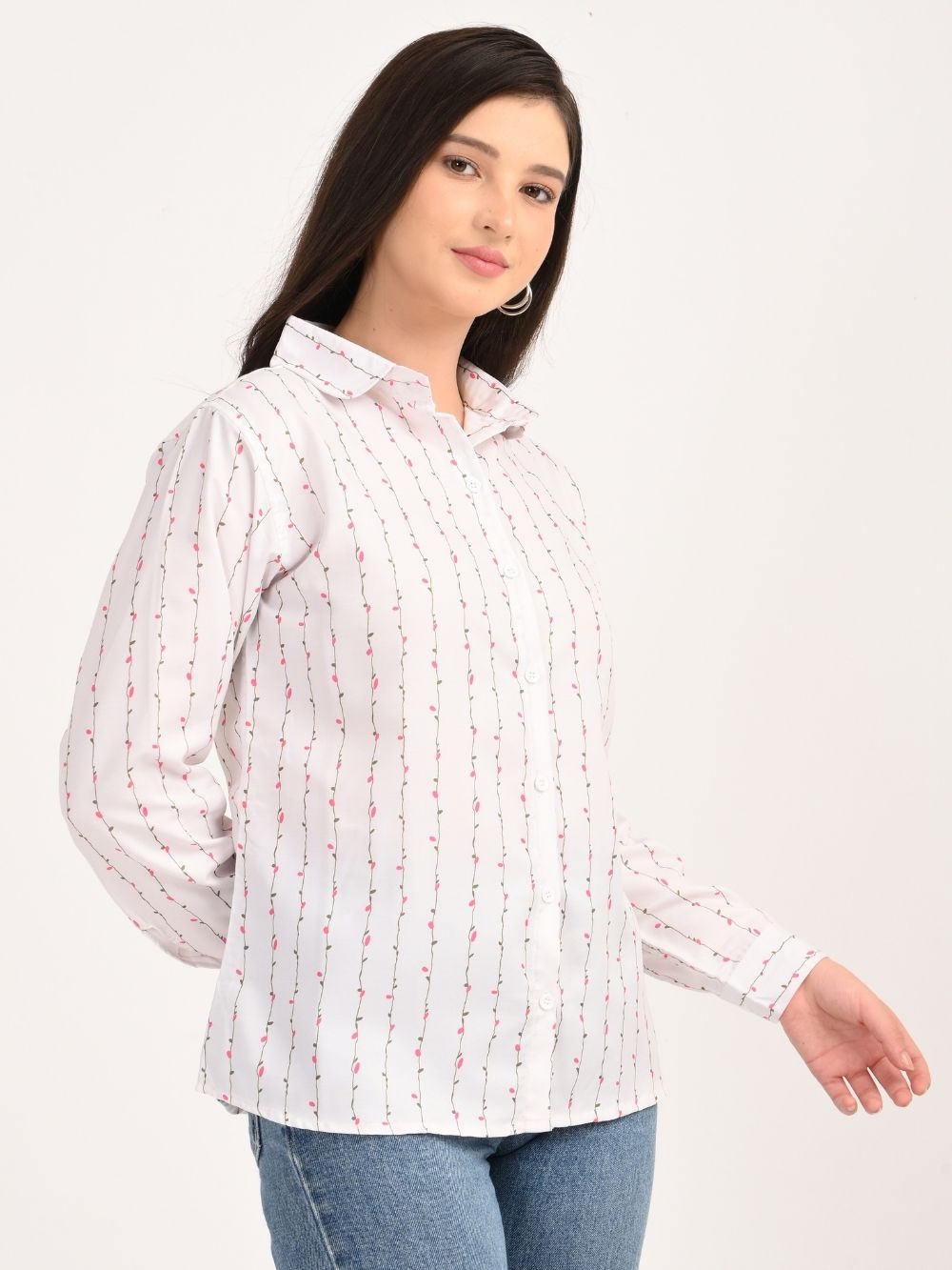 Angled front view of blossom stripe button-down shirt