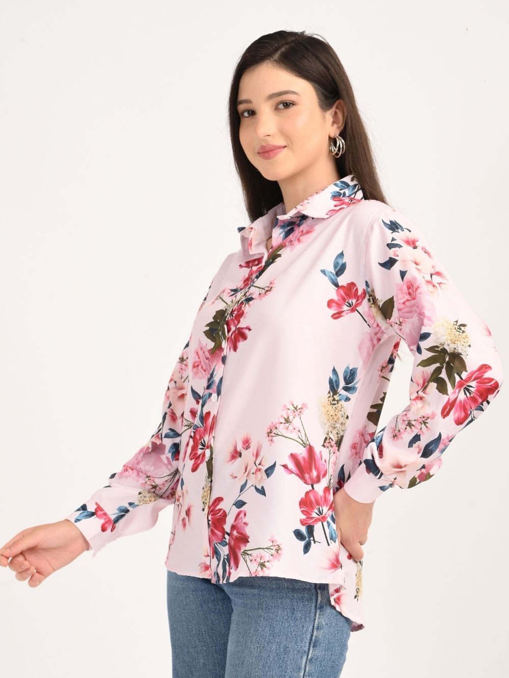 Angled side pose pink floral shirt