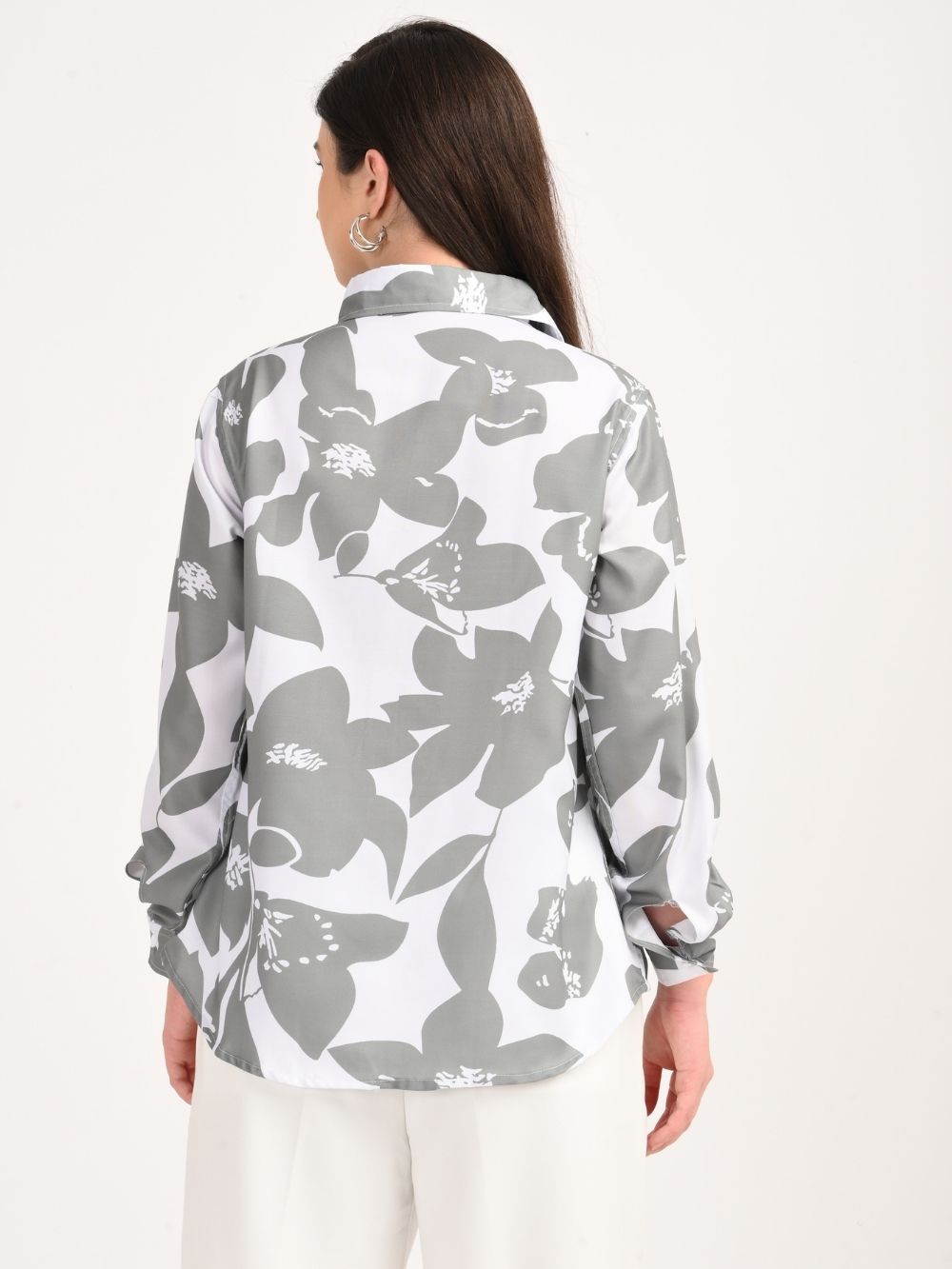 Back view grey floral shirt