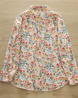 Back view of La Lune Botanique shirt showing continuous botanical and fantasy-themed pattern on lightweight rayon

