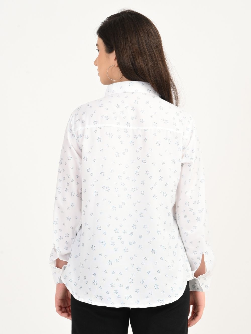 Back view of Petal Charm white floral rayon shirt