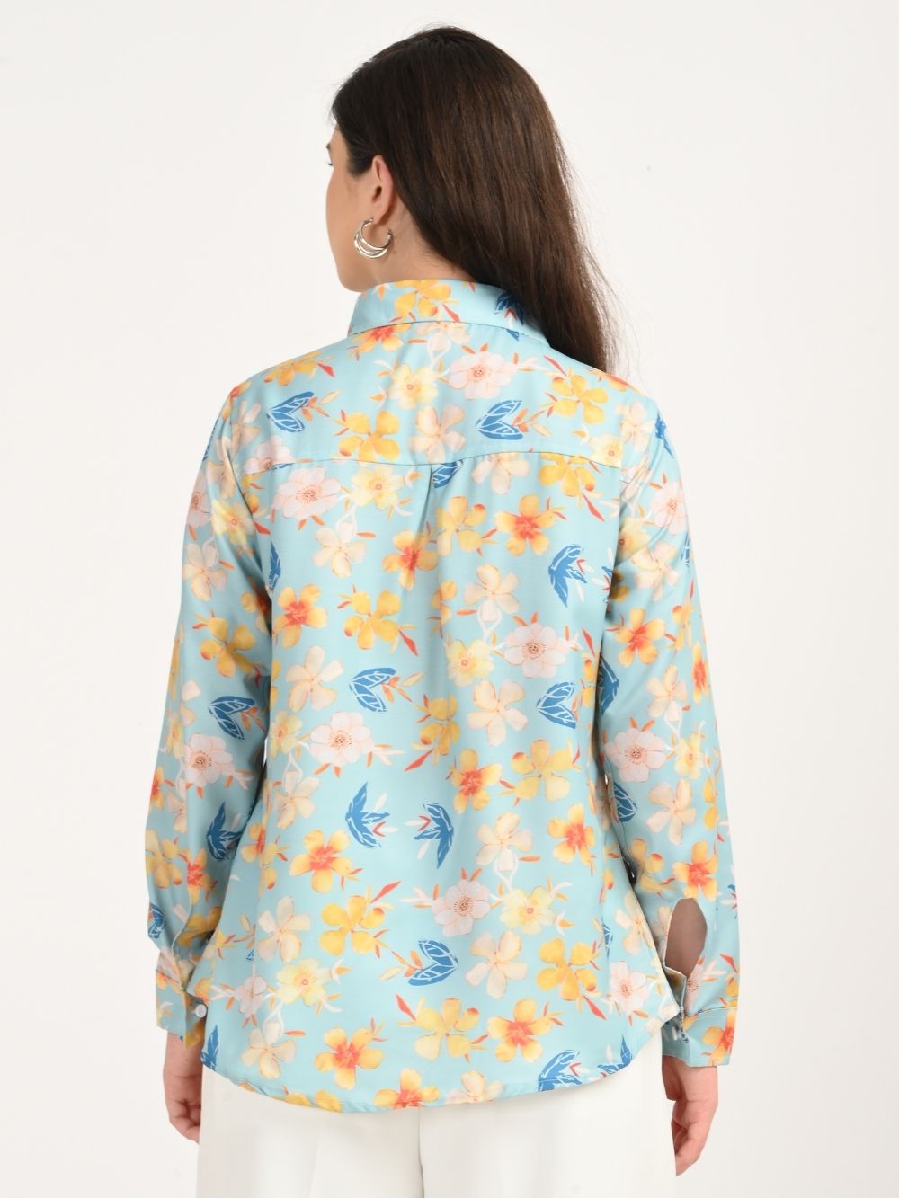 Back view of aqua blue floral print shirt