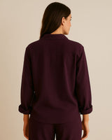 “Back view of women’s 2-piece cotton lounge outfit in deep wine tone”

