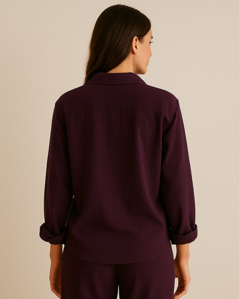 “Back view of women’s 2-piece cotton lounge outfit in deep wine tone”

