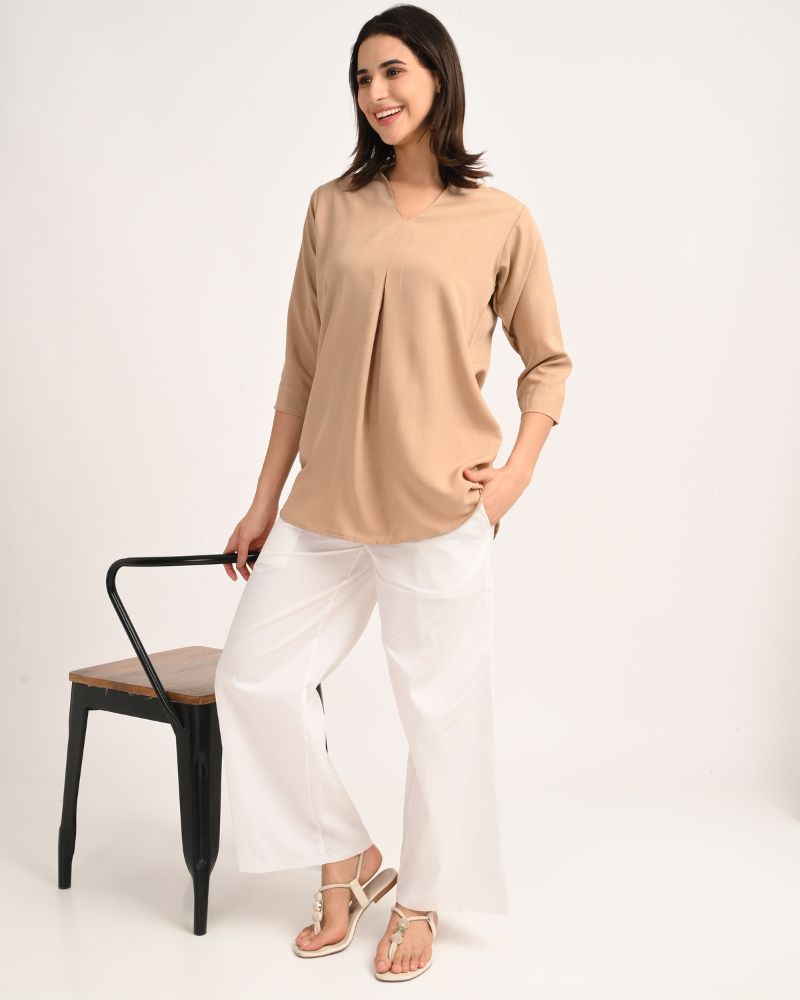 Relaxed Beige V-Neck Viscose Top