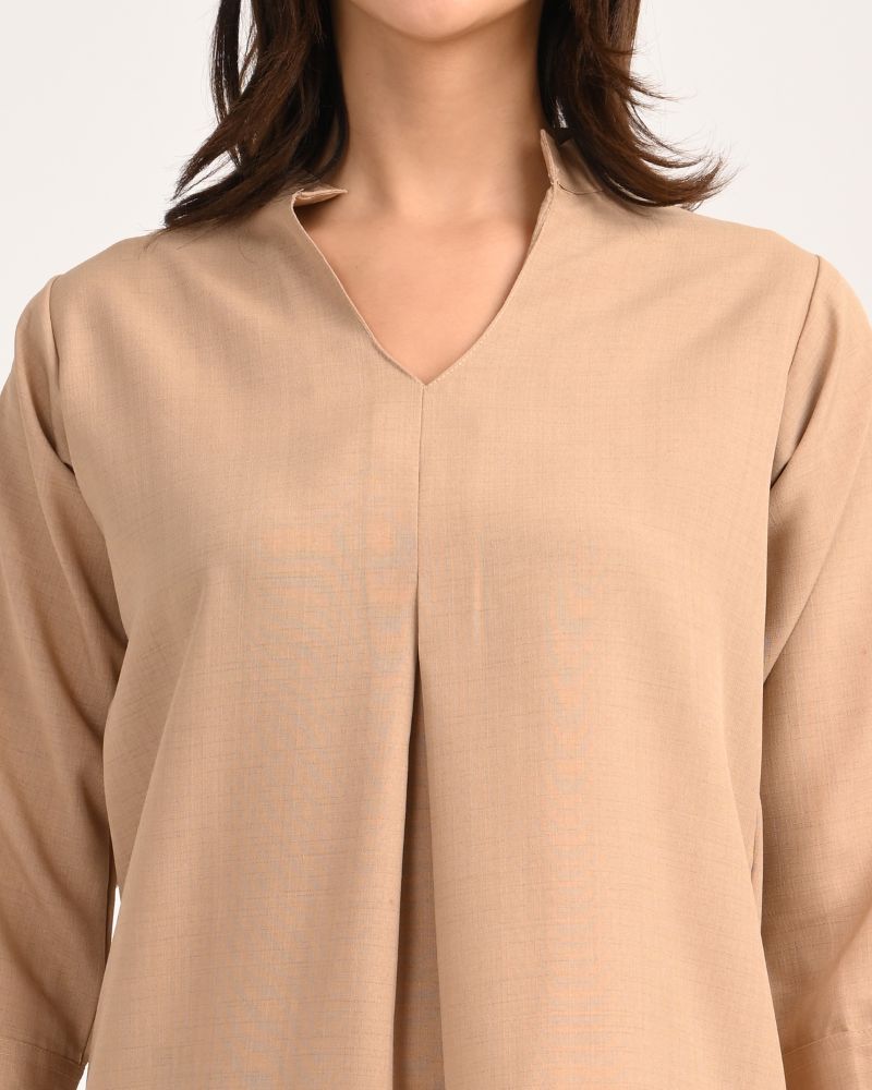 Relaxed Beige V-Neck Viscose Top