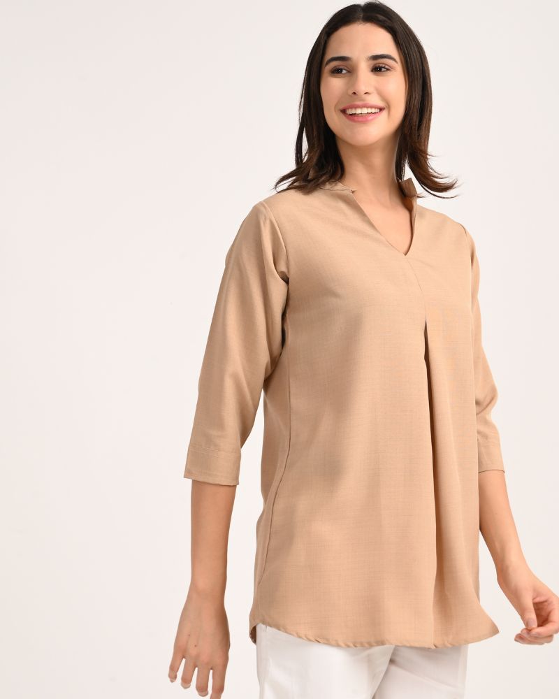 Relaxed Beige V-Neck Viscose Top