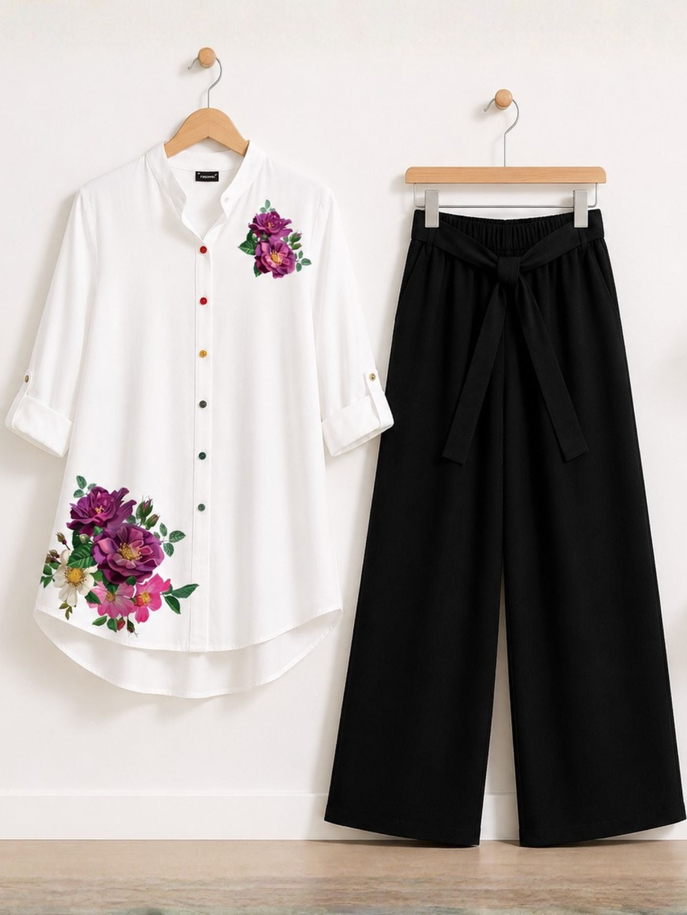 Black Magenta Floral Co-Ord Set for women with white printed top and black palazzo
