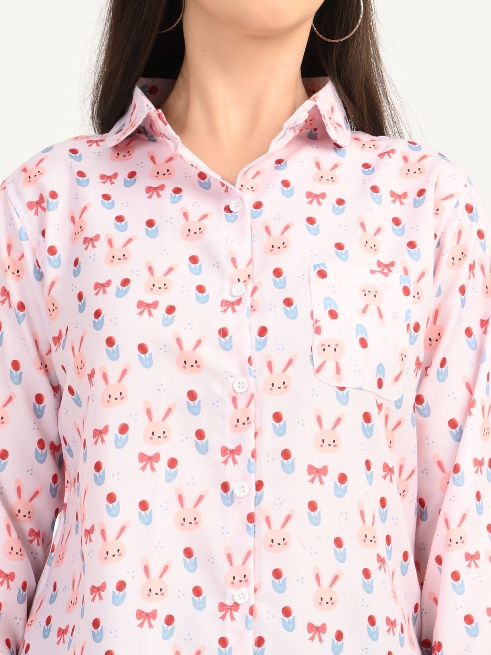 Blush Bunny shirt fabric close-up with bunny print