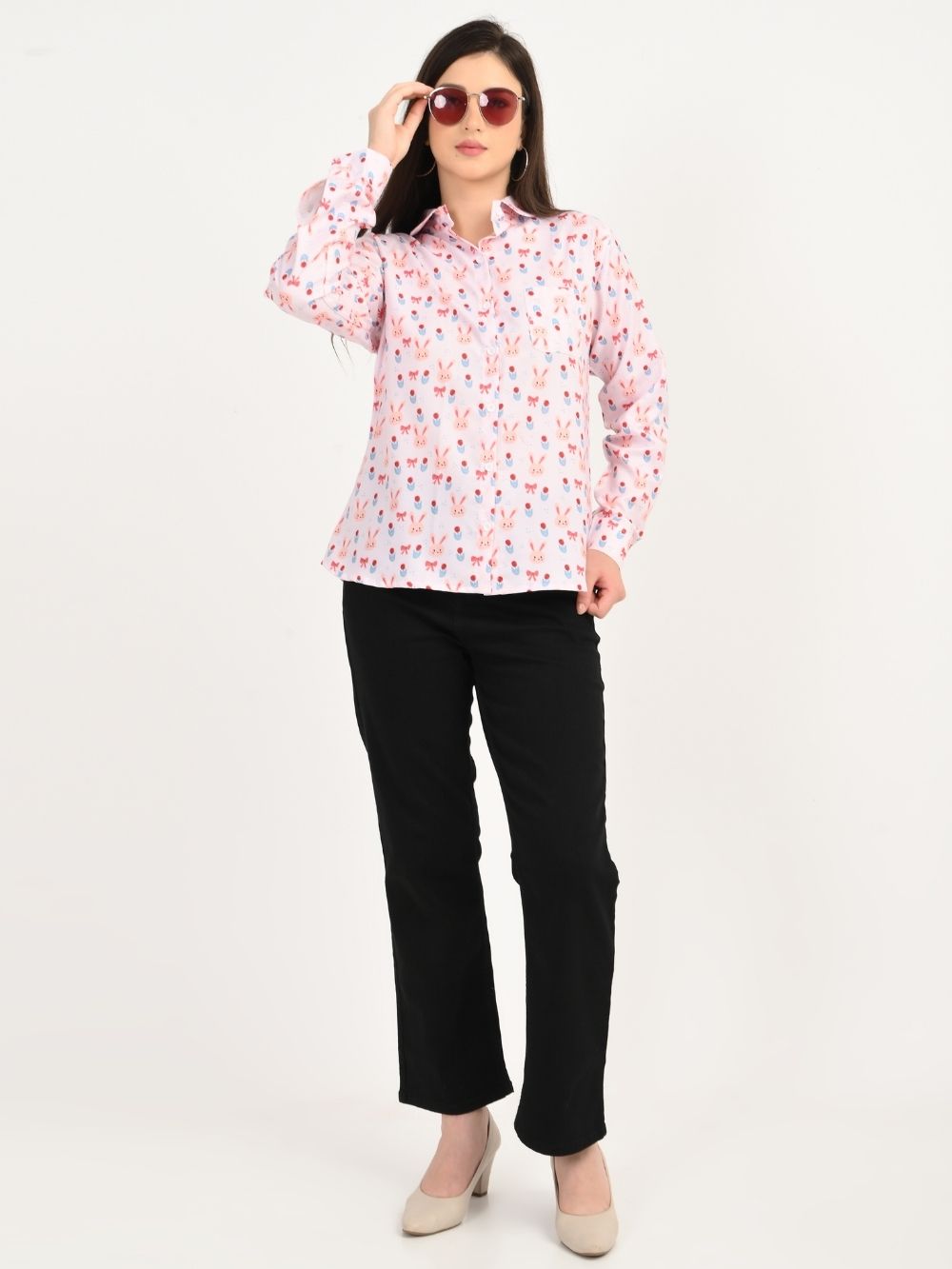 Blush Bunny shirt full view with black pants