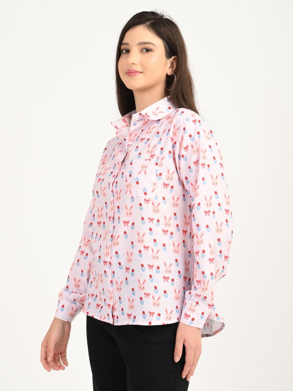 Blush Bunny shirt side angle smiling model