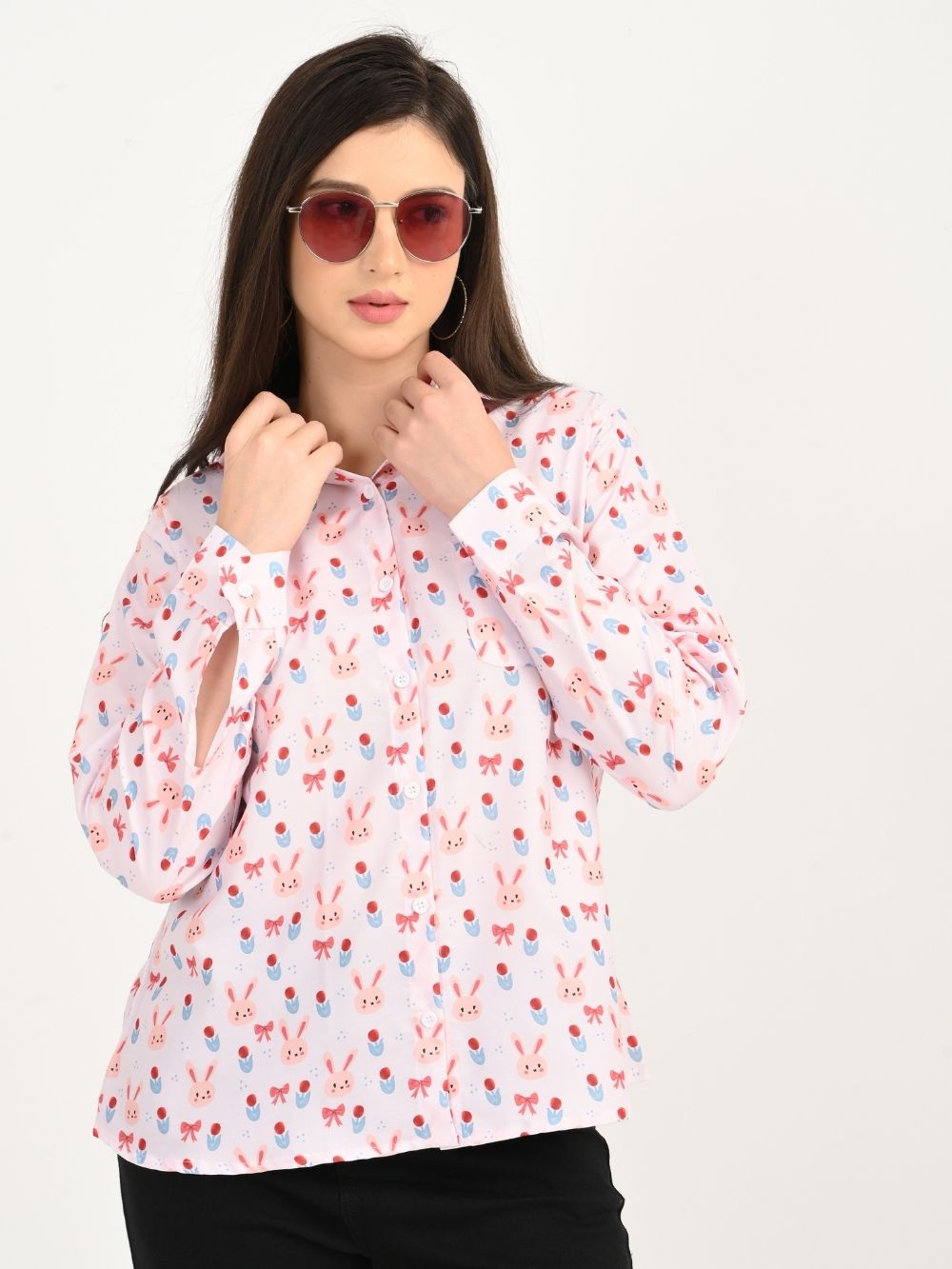Blush Bunny shirt styled with sunglasses close-up