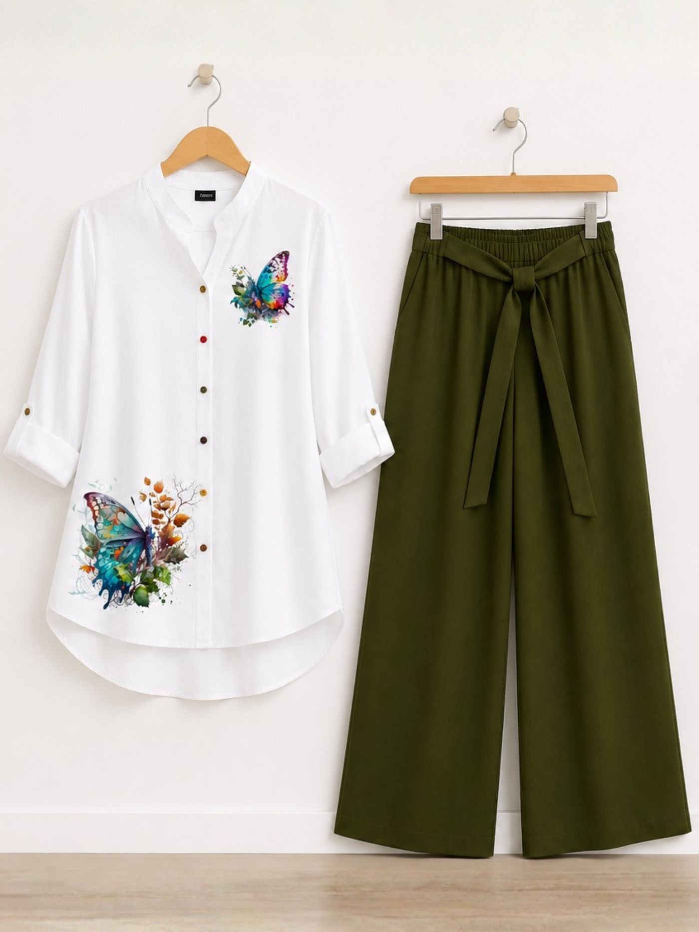 Olive Butterfly Co-Ord Set for women with white printed top and olive green palazzo