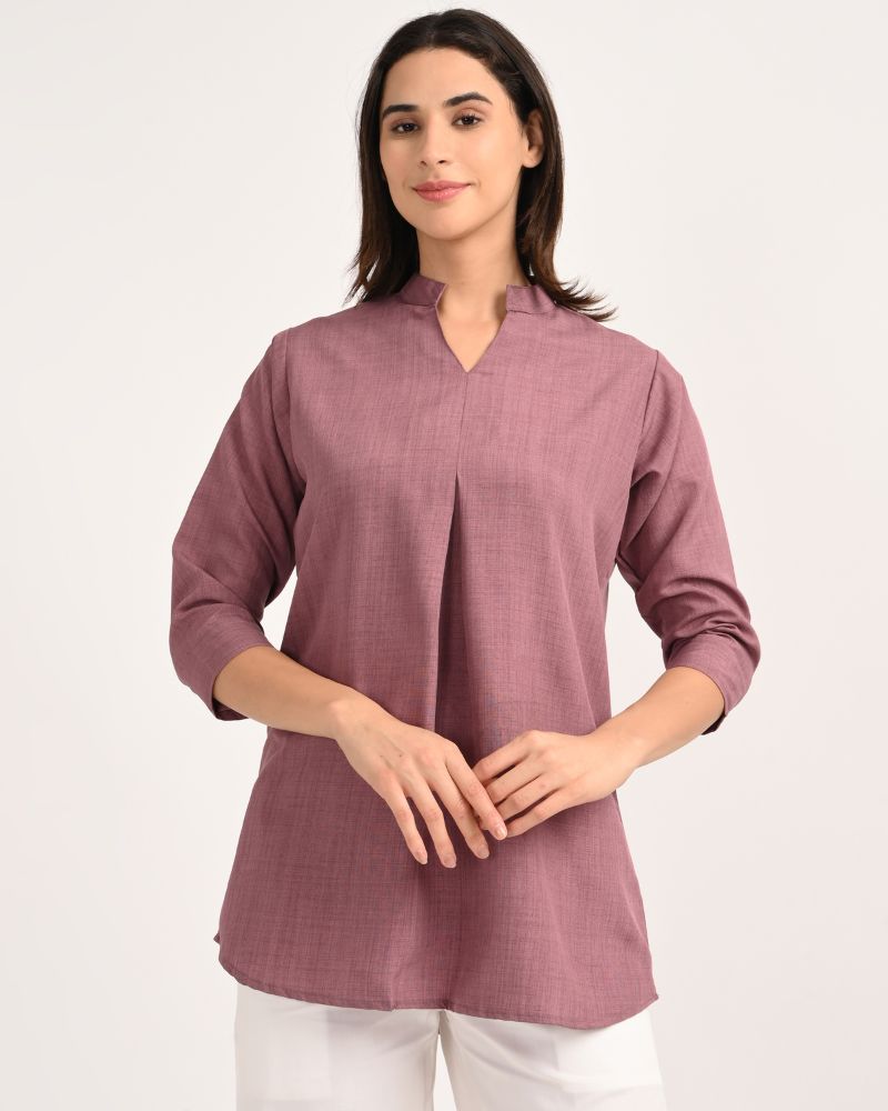 “Front view of Mauve Linen-Blend Short Kurta for women”
