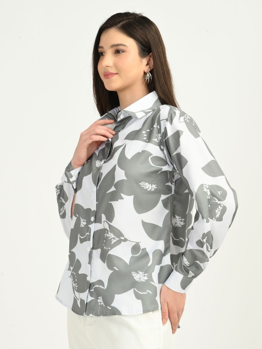 Close-up buttons grey floral shirt