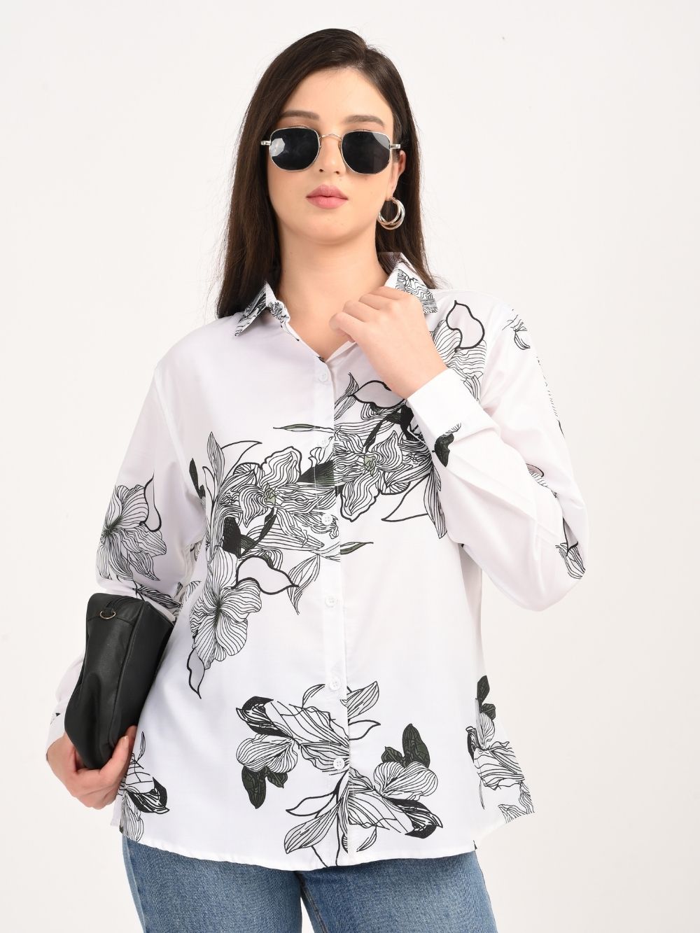 Close-up front view of monochrome floral shirt