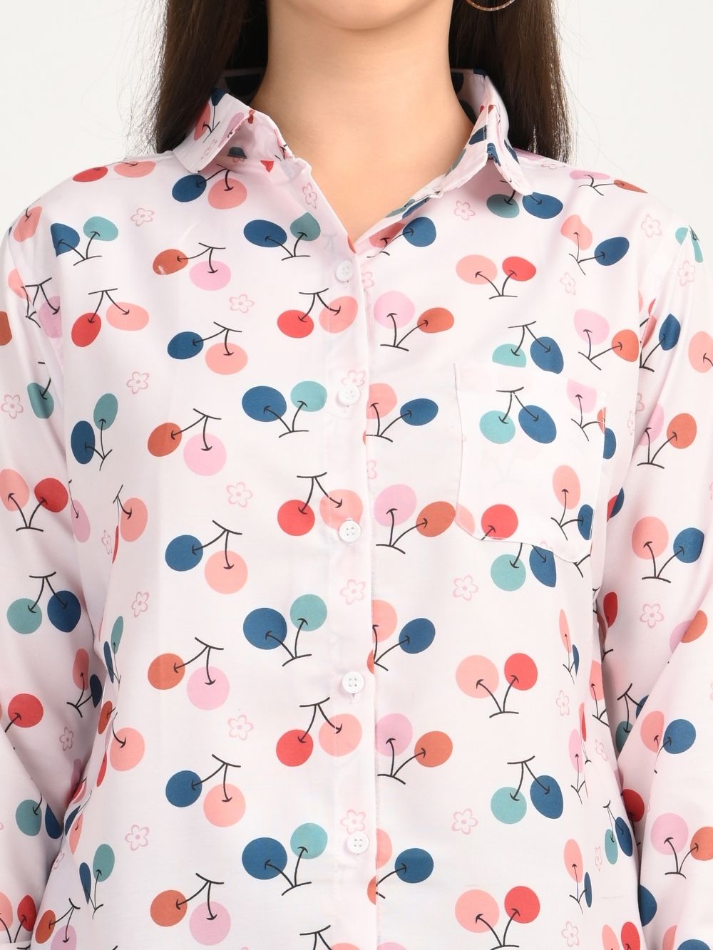 Close-up of Cherry Bloom shirt collar and chest pocket details