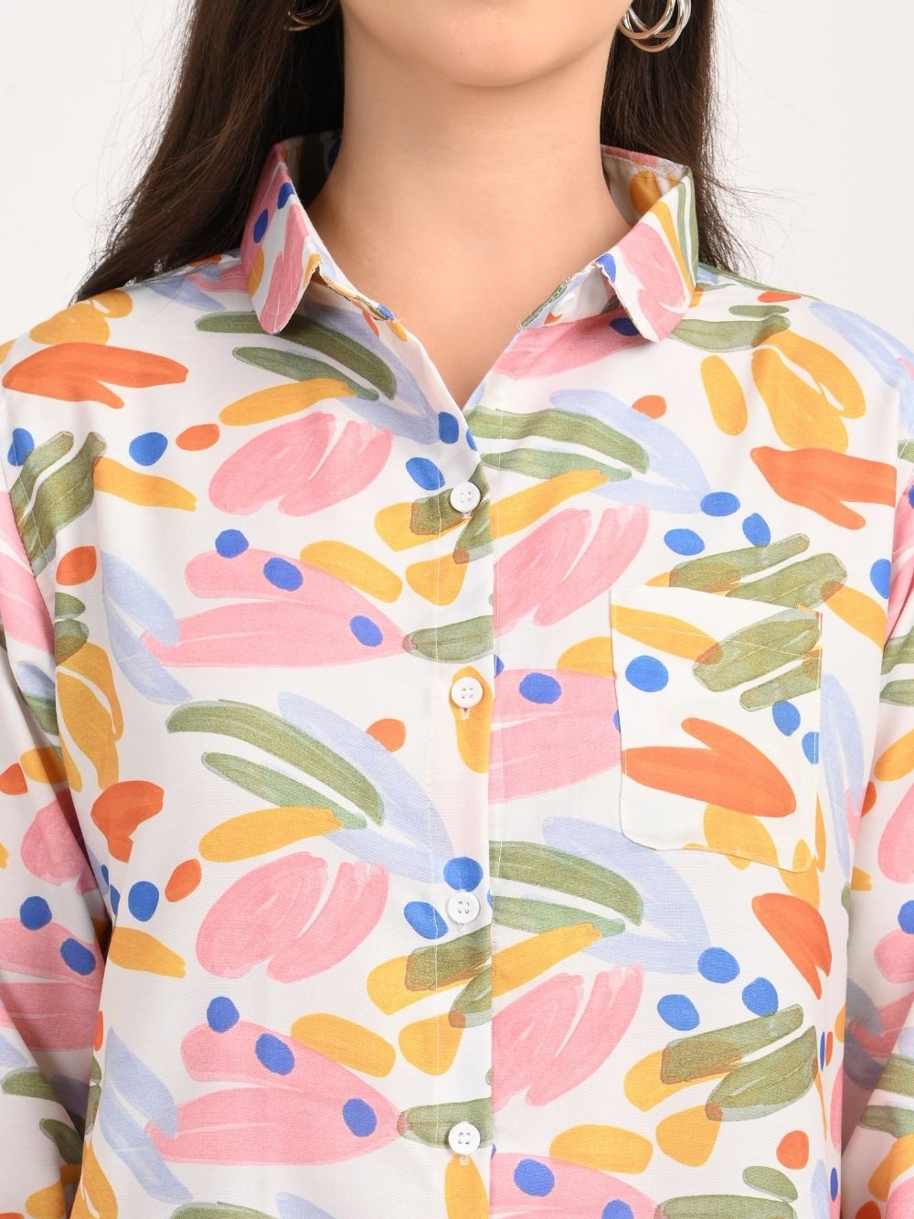 Close-up of abstract brushstroke print shirt with collar and buttons
